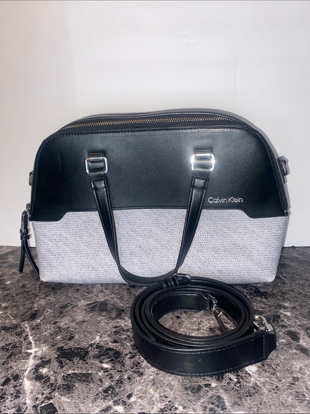 Calvin Klein Black and Gray Two-Tone Satchel with Detachable Strap